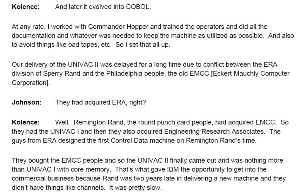 Excerpt from oral history interview with UNIVAC engineer Kenneth Kolence discussing UNIVAC II deployment