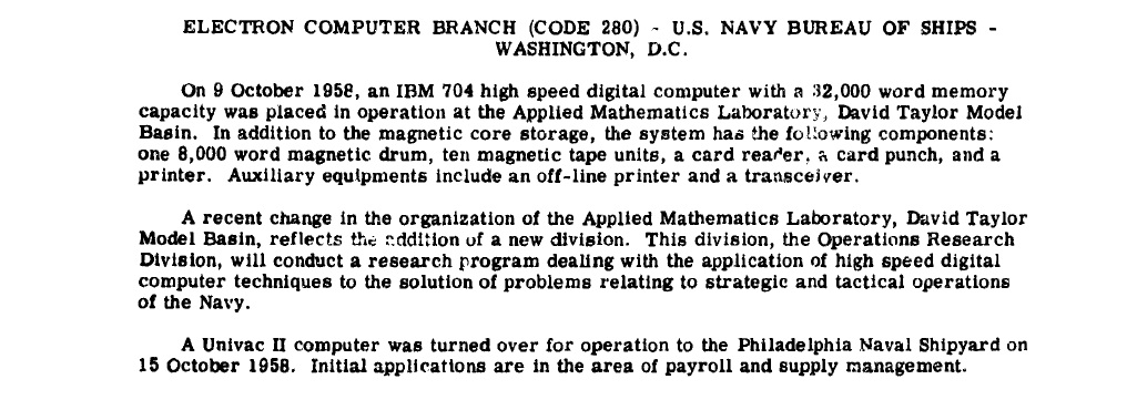 Office of Naval Research newsletter excerpt documenting UNIVAC II turnover to the Philadelphia Naval Shipyard in 1958