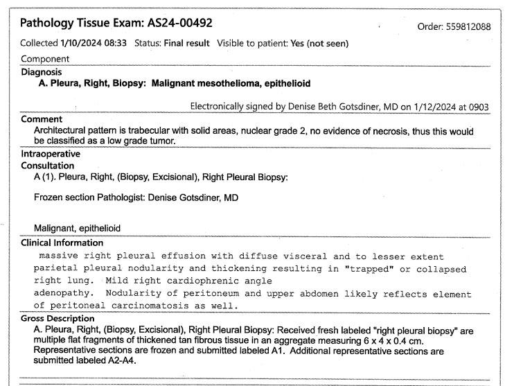 Excerpt from pathology report confirming malignant mesothelioma diagnosis