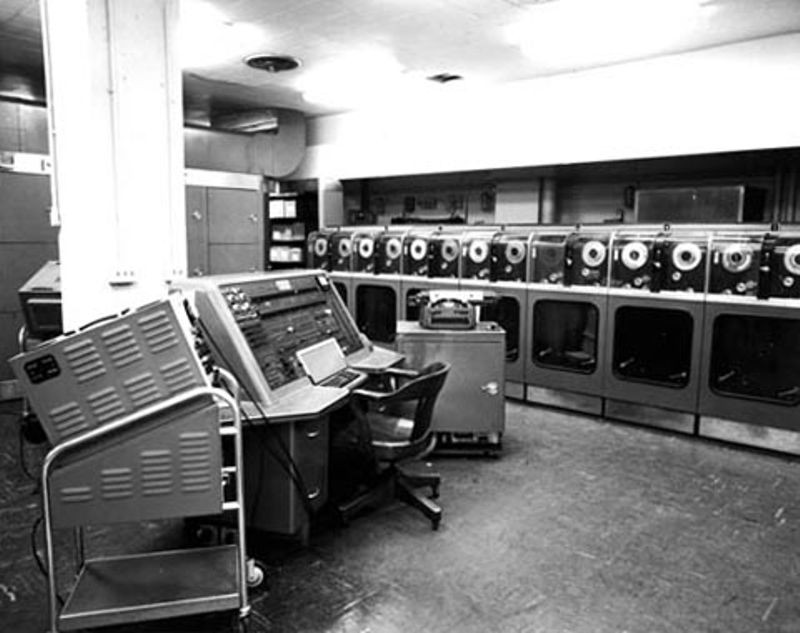 UNIVAC I computer system with operator consoles and magnetic tape units