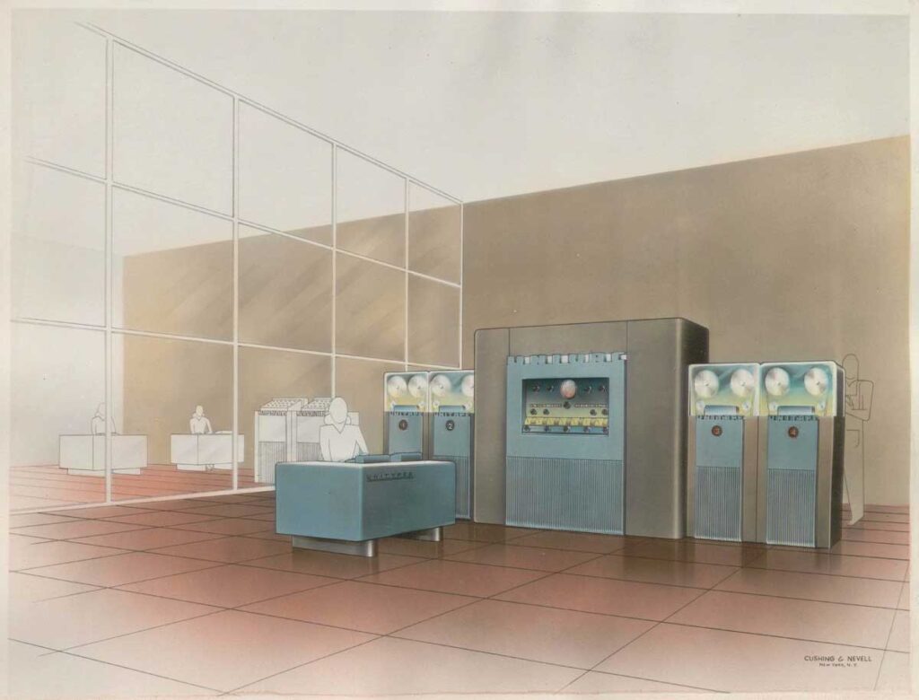 Airbrush rendering of a proposed UNIVAC system installation showing the main computer cabinet flanked by four UNITAPE magnetic tape drives, with a UNITYPER desk in the foreground and UNIPRINTER units and additional staff visible beyond a glass partition in the background. Cushing and Nevell, New York, circa 1951.